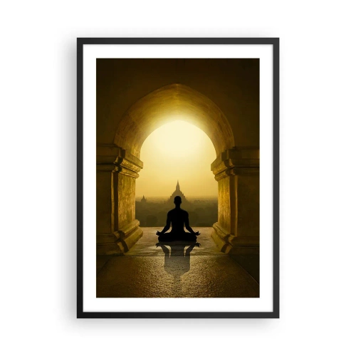 Pôster com moldura preta - Uma figura meditando no arco de um templo tendo como pano de fundo o sol nascente - 50x70cm - Harmonia completa - Decoração de parede moderna para a sala de estar e quarto ARTTOR