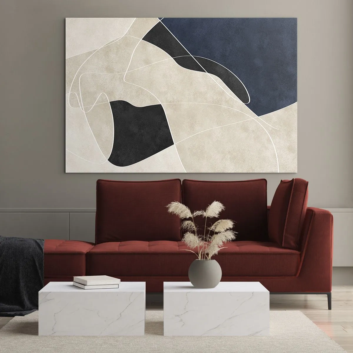 Quadro em vidro - Abstração moderna com formas e linhas contrastantes - 70x50cm - Composição abstrata – contraste de cores - Decoração de parede moderna para a sala de estar e quarto ARTTOR
