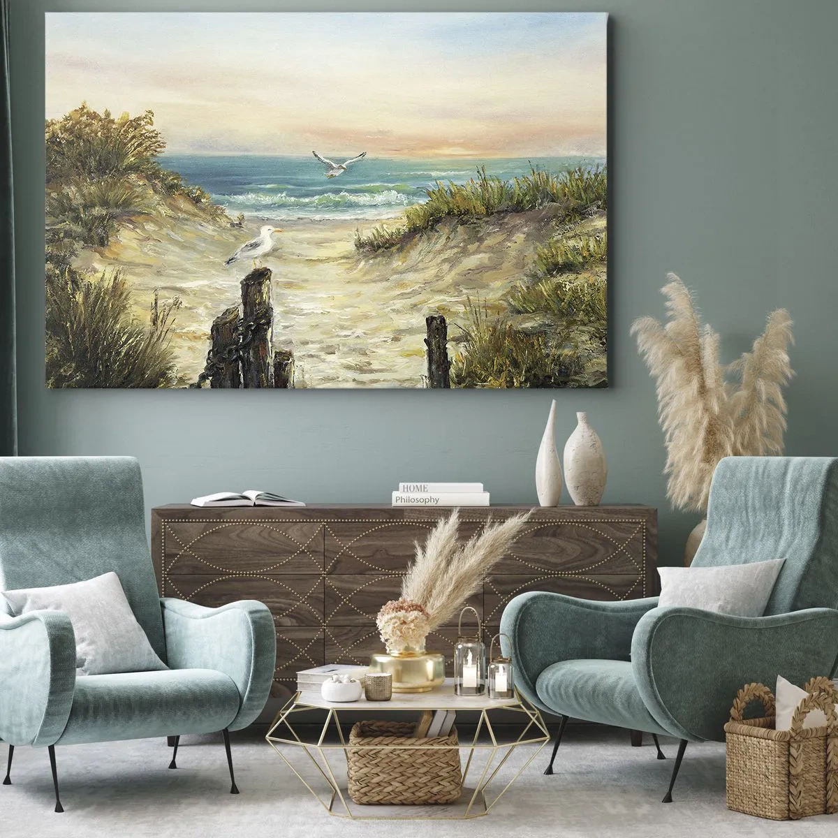 Quadro em tela - Costa com gaivotas e dunas ao pôr do sol - 70x50cm - Refúgio sem vento - Decoração de parede moderna para a sala de estar e quarto ARTTOR