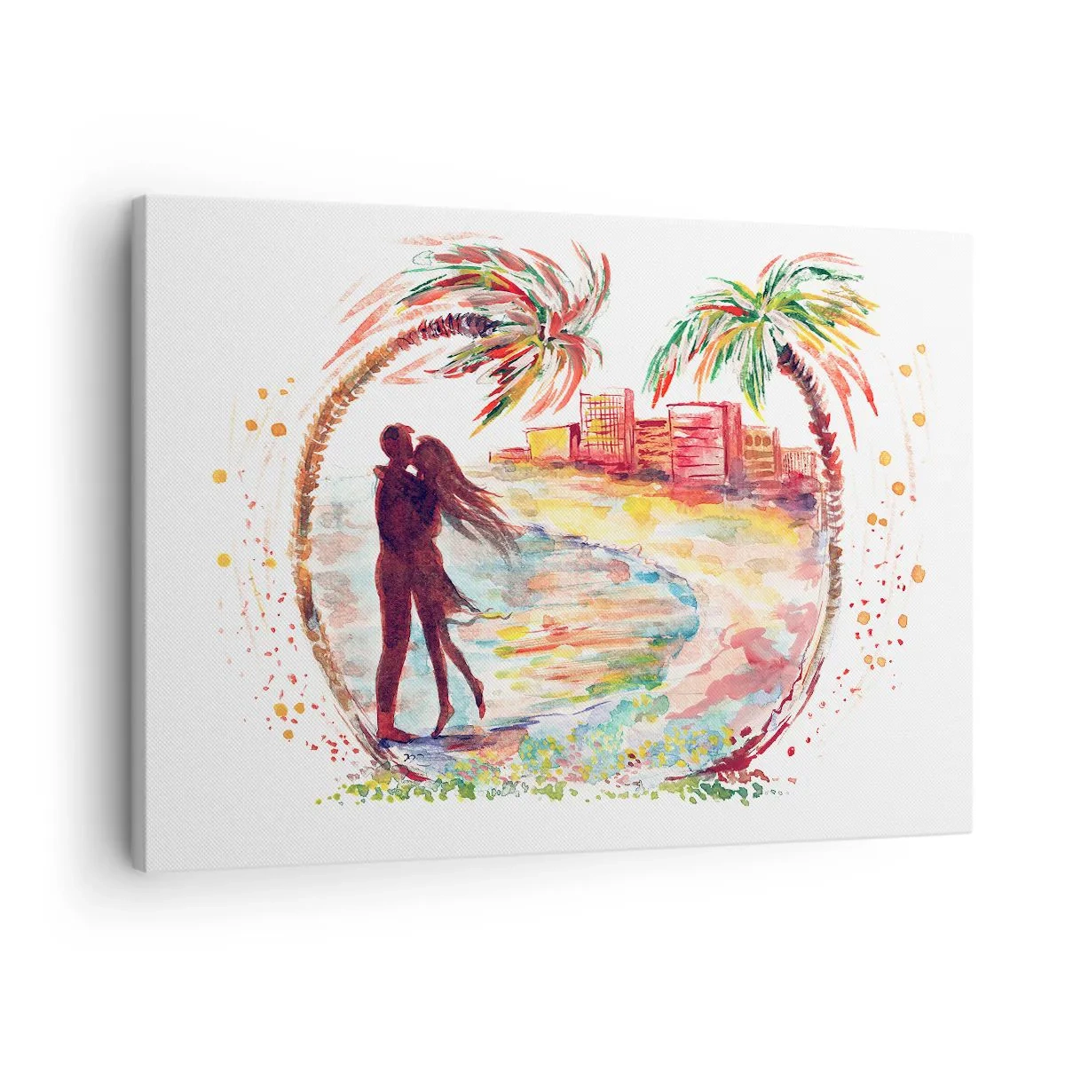 Quadro em tela - Cena romântica de casal em uma praia com palmeiras em aquarela - 70x50cm - Férias românticas - Decoração de parede moderna para a sala de estar e quarto ARTTOR
