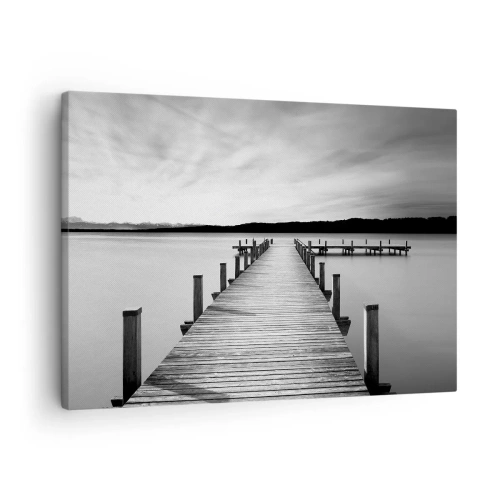 Quadro em tela - Um cais preto e branco em um lago calmo - 70x50cm - A fonte da tranquilidade - Decoração de parede moderna para a sala de estar e quarto ARTTOR