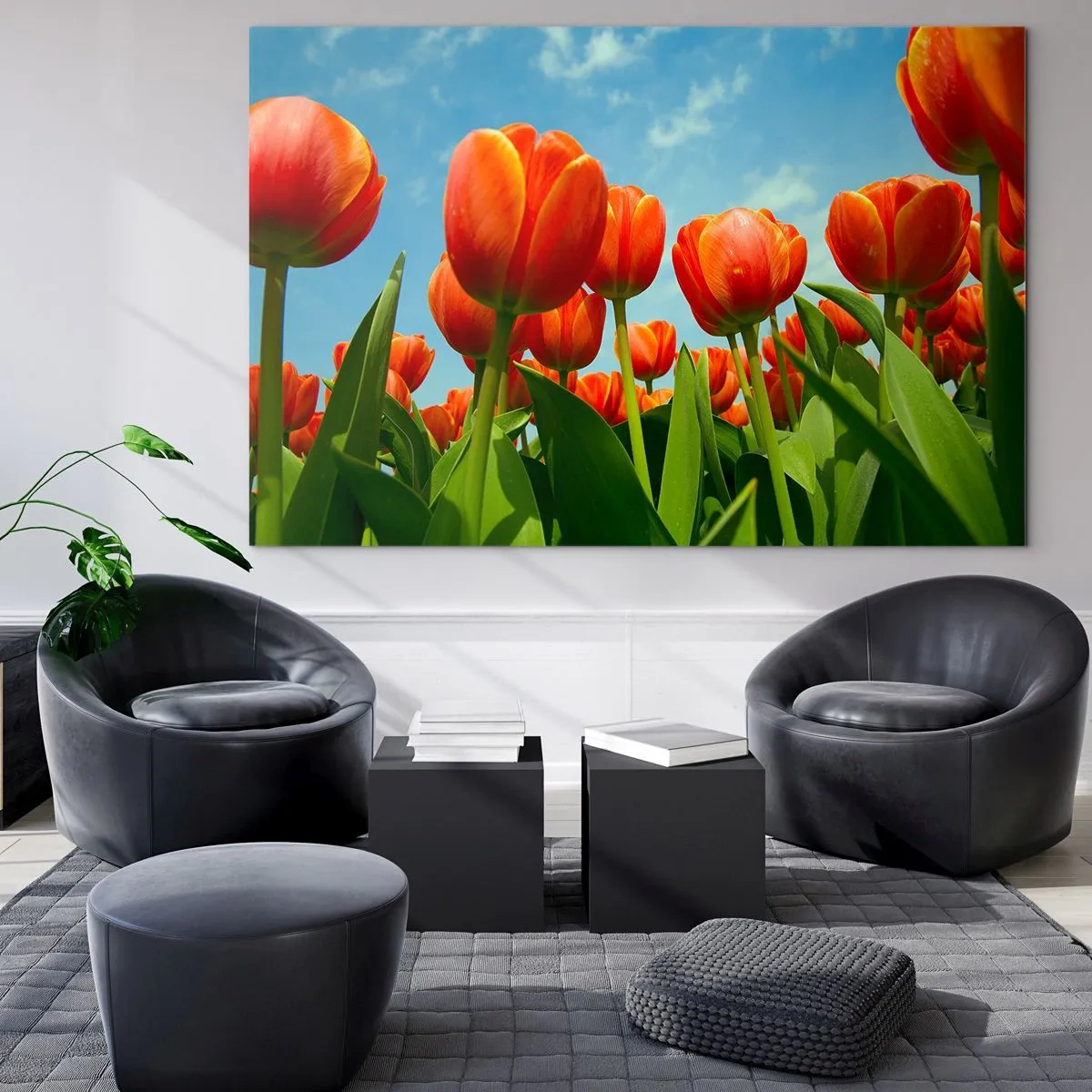 Quadro em vidro - Um campo de tulipas vermelhas sob um céu azul - 70x50cm - Além do céu azul, nada mais é necessário na vida - Decoração de parede moderna para a sala de estar e quarto ARTTOR