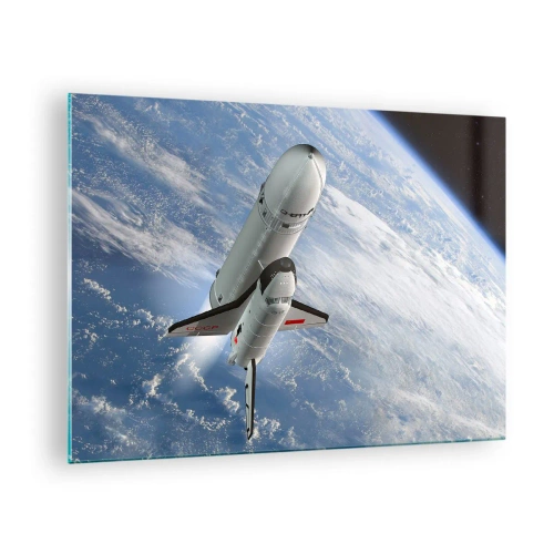 Quadro em vidro - Um ônibus espacial decolando no espaço com a Terra ao fundo. - 70x50cm - Ascensão cósmica - Decoração de parede moderna para a sala de estar e quarto ARTTOR