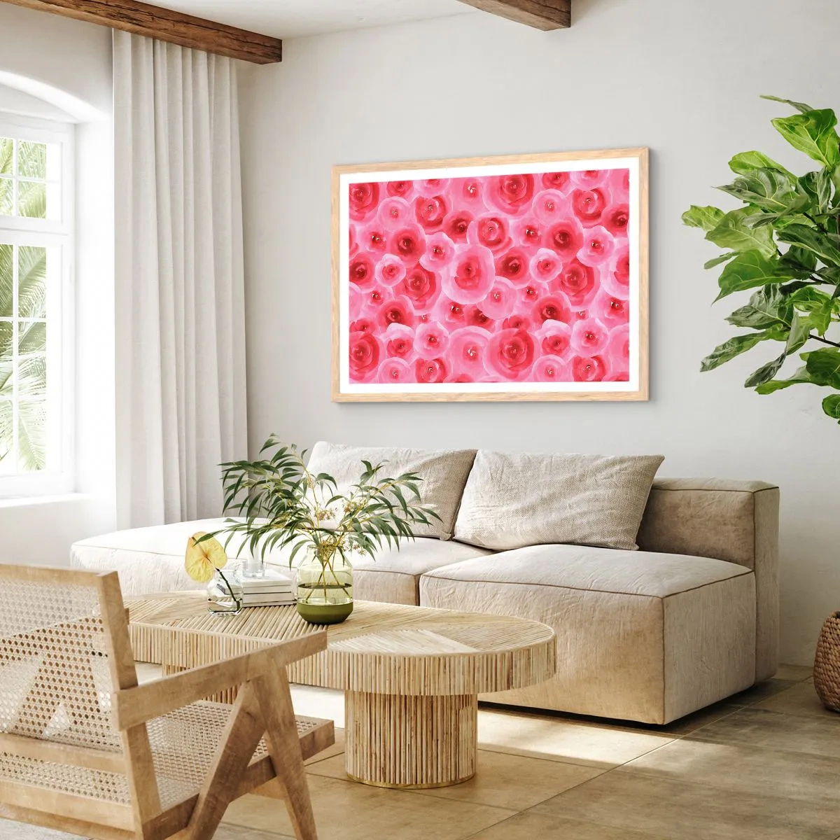 Pôster com moldura de carvalho claro - Rosas acima e abaixo - 91x61 cm