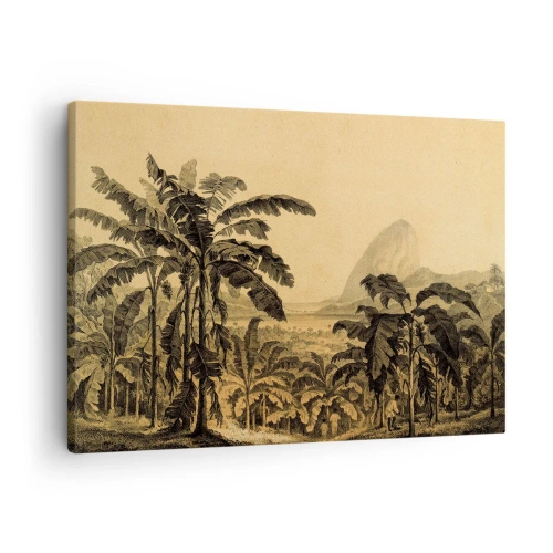 Quadro em tela - Desenho de bananeiras em um fundo de paisagem tropical - 70x50cm - num clima colonial - Decoração de parede moderna para a sala de estar e quarto ARTTOR