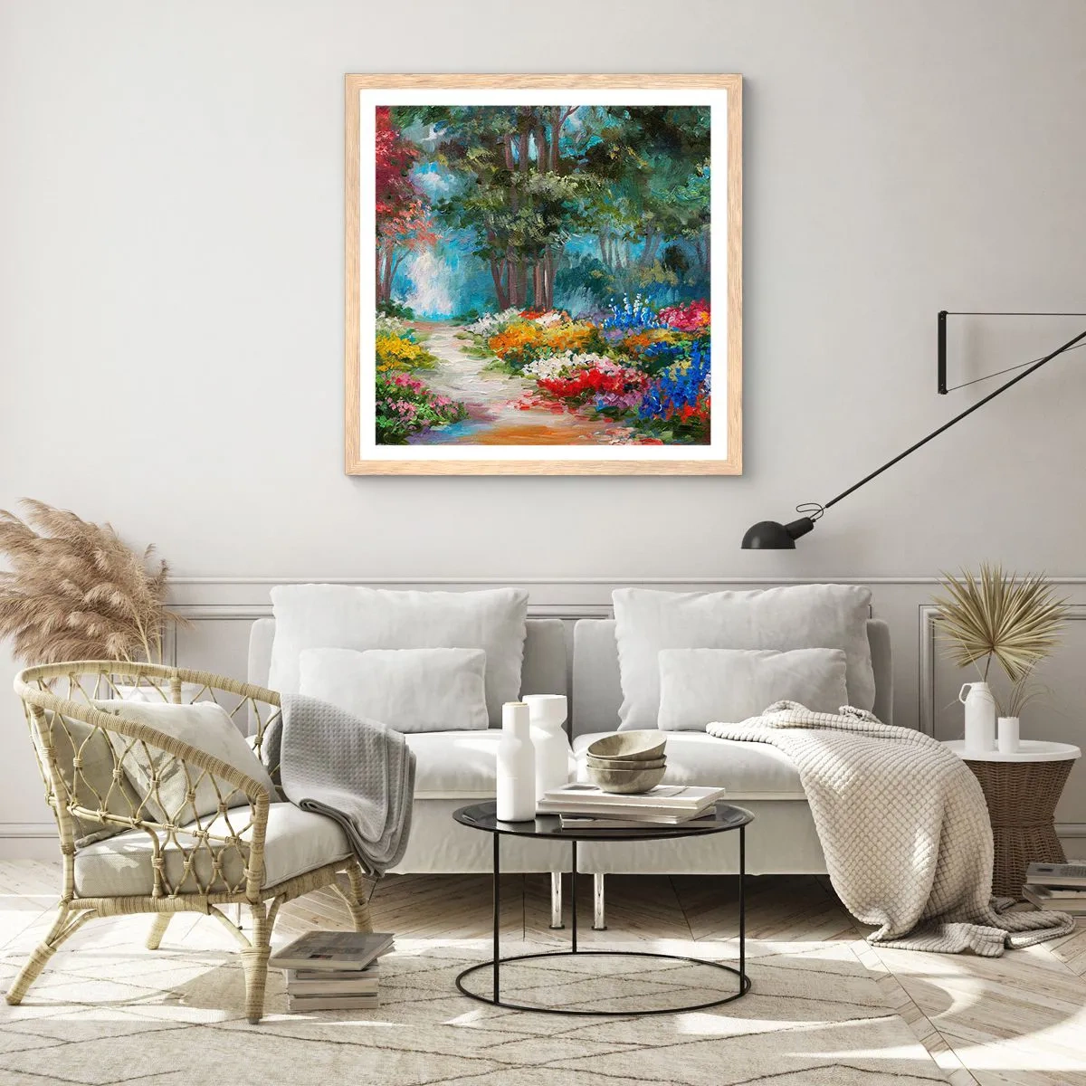 Pôster com moldura de carvalho claro - Jardim florestal, floresta florida - 60x60 cm