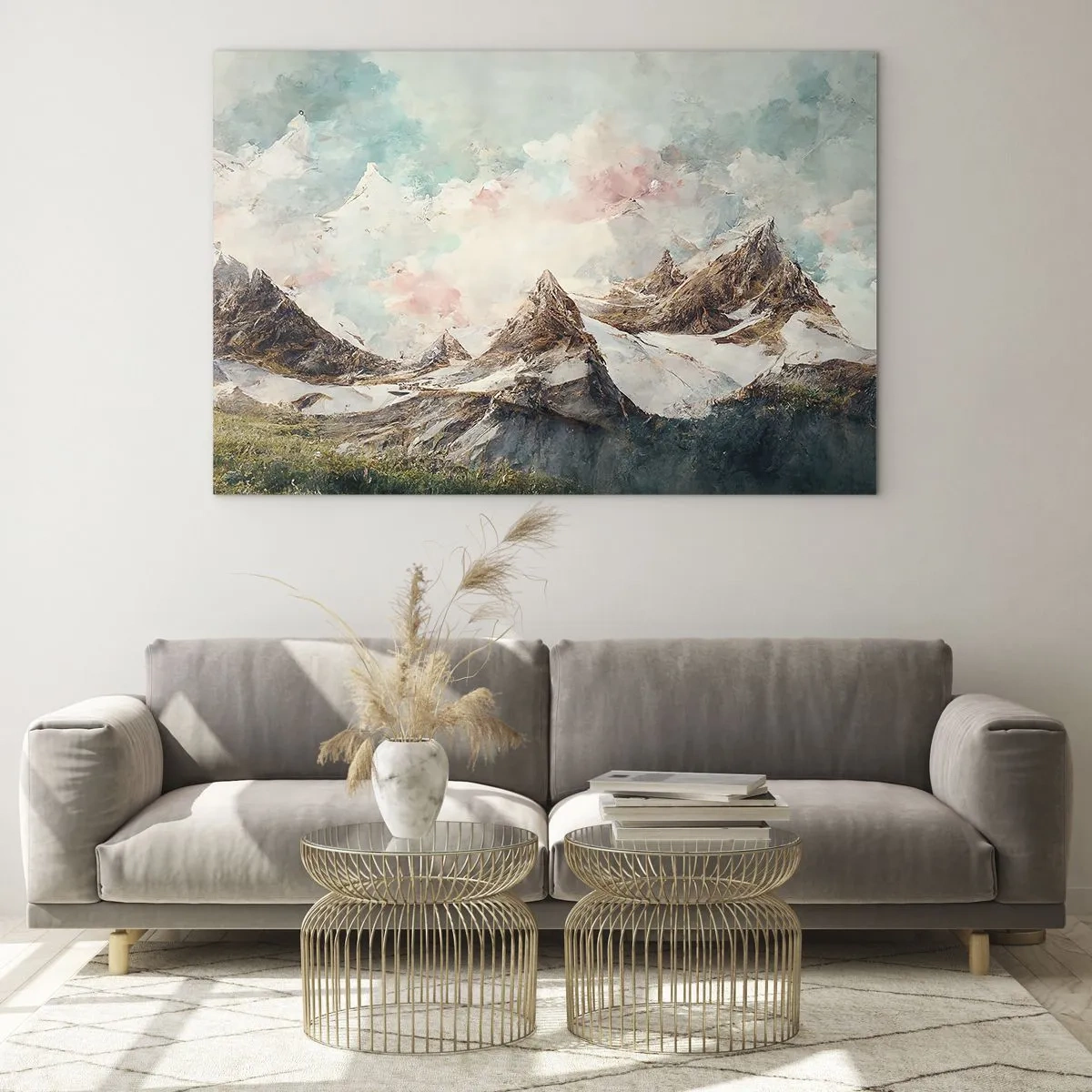Quadro em vidro - Picos de montanhas pitorescos com céus em tons pastéis - 70x50cm - Lâminas de rocha - Decoração de parede moderna para a sala de estar e quarto ARTTOR