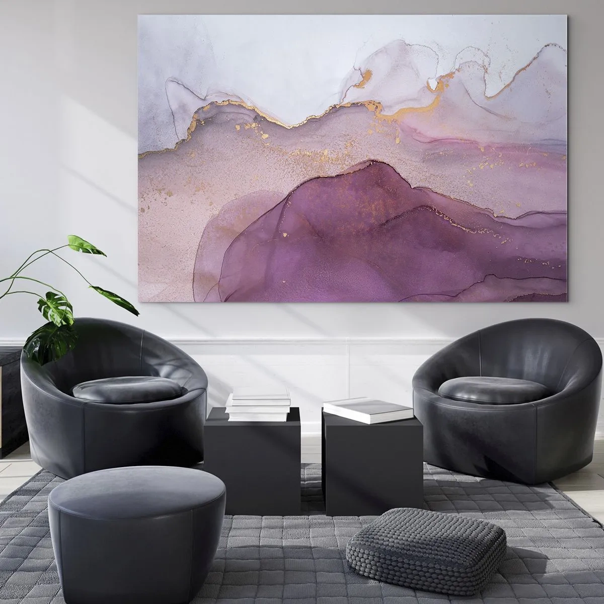 Quadro em vidro - Ondas abstratas em tons de roxo com detalhes dourados - 70x50cm - Ondas de lilás e roxo - Decoração de parede moderna para a sala de estar e quarto ARTTOR
