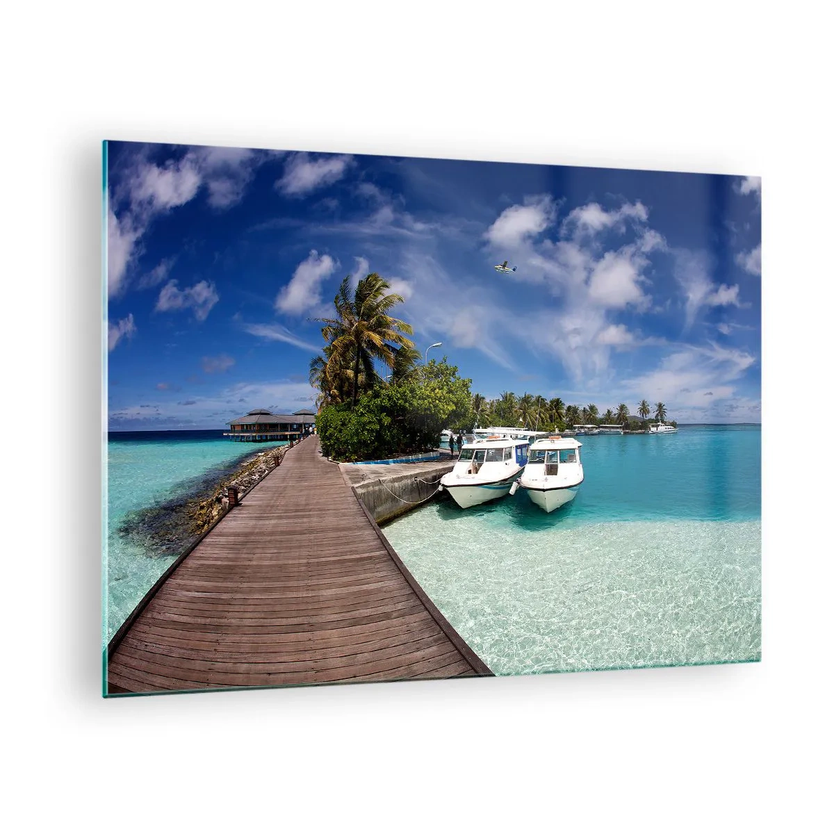 Quadro em vidro - Píer exótico, barcos e águas azul-turquesa - 70x50cm - No entanto, o paraíso existe - Decoração de parede moderna para a sala de estar e quarto ARTTOR