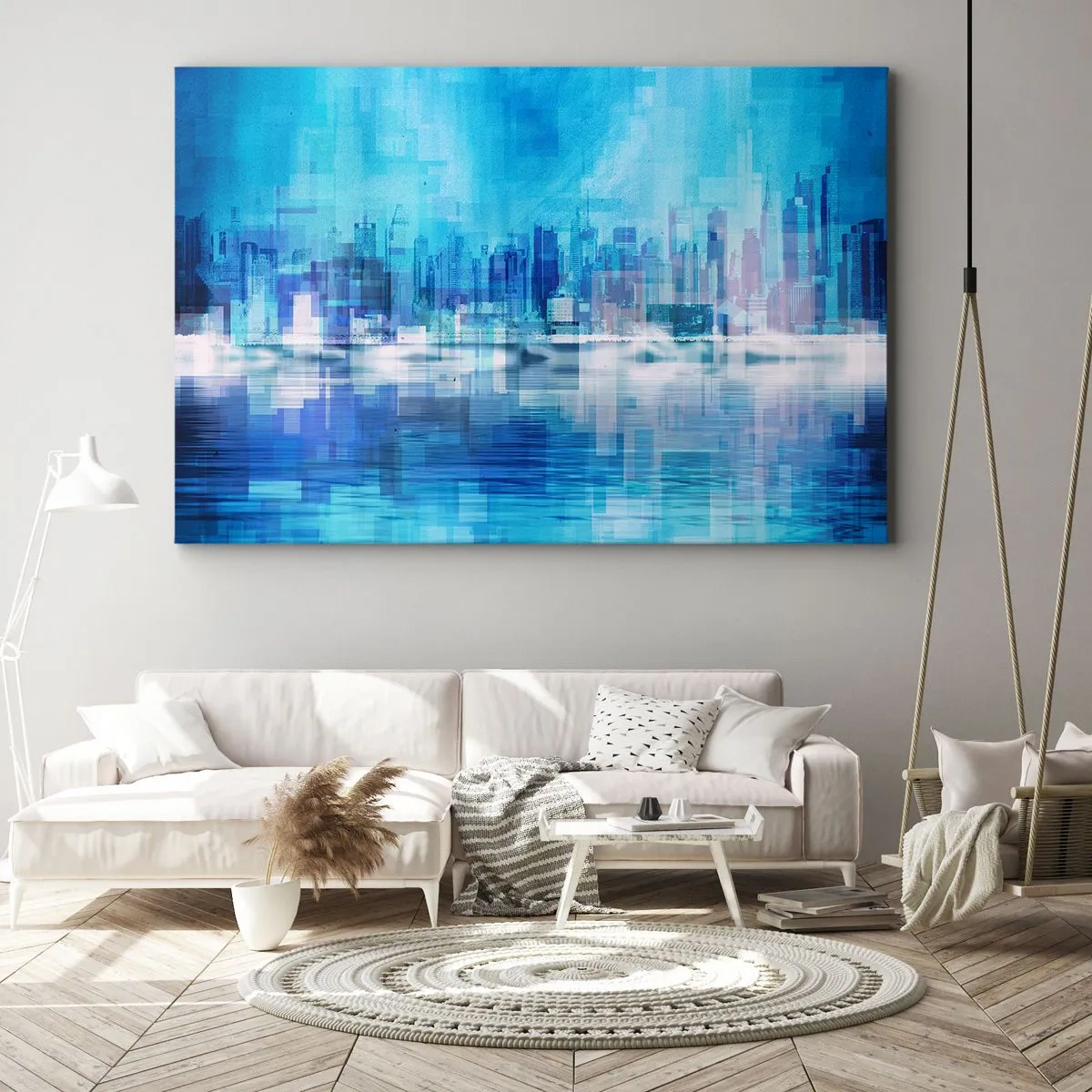 Quadro em tela - Panorama abstrato da cidade em tons de azul - 70x50cm - Imerso em azul - Decoração de parede moderna para a sala de estar e quarto ARTTOR