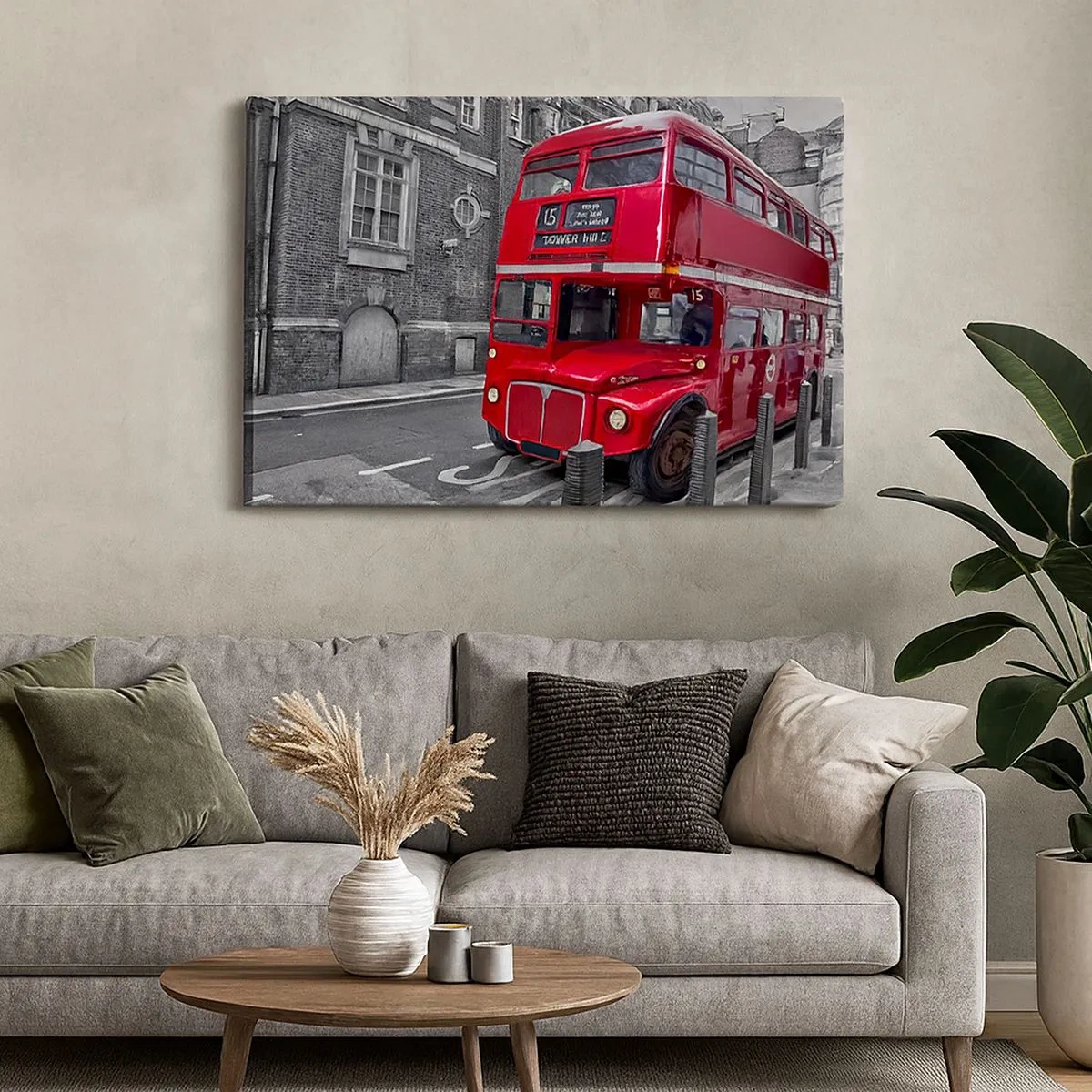 Quadro em tela - Um ônibus vermelho de dois andares em Londres com um cenário de arquitetura clássica - 70x50cm - Sempre o mesmo - Decoração de parede moderna para a sala de estar e quarto ARTTOR