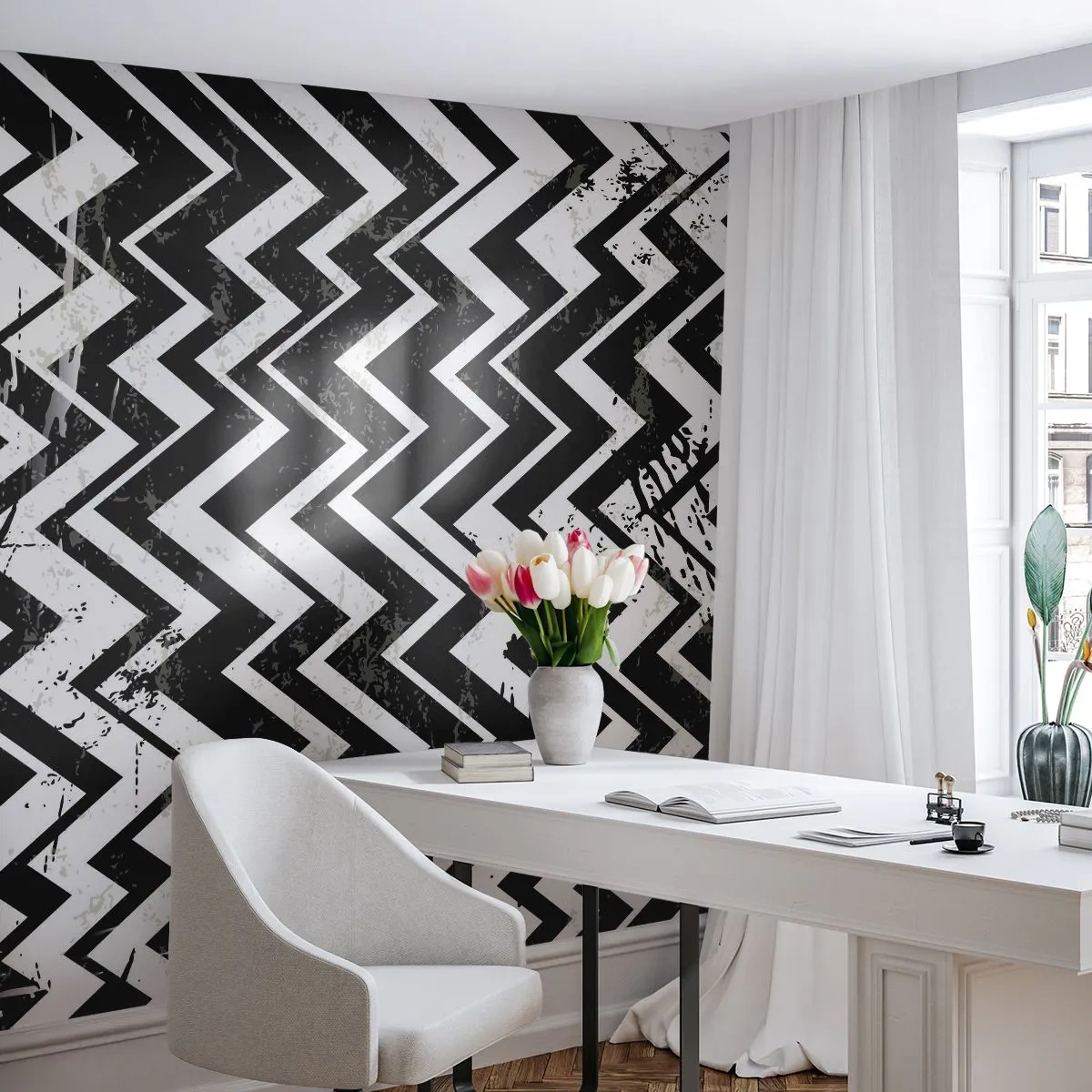 Papel de Parede Premium Sand - Zig-branco, zag-preto - Abstração, Pedaço, Preto e branco - 100x70 cm