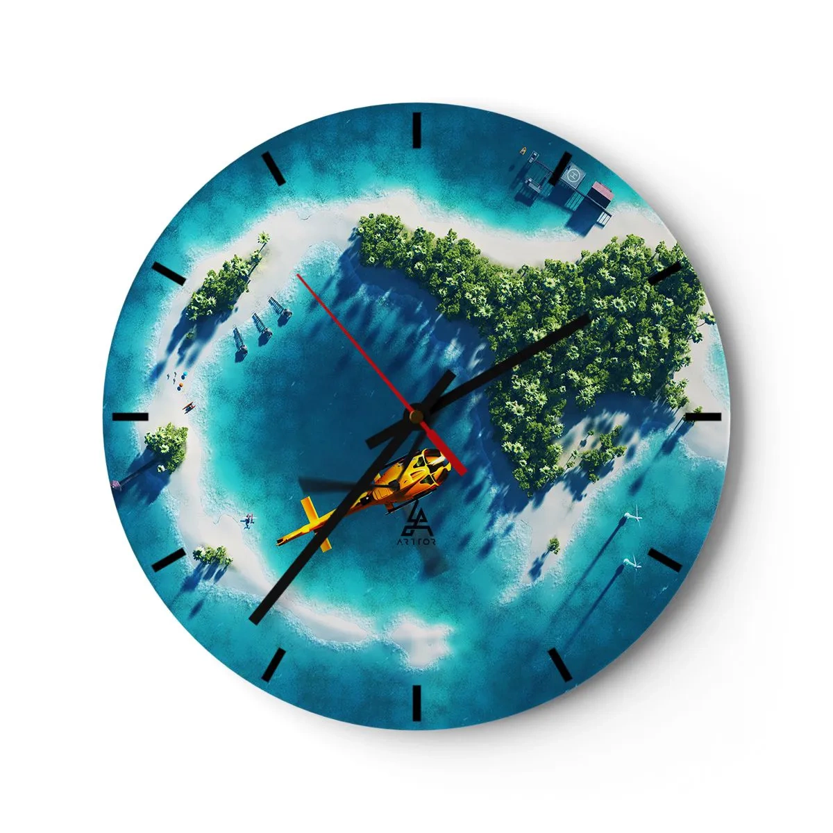 Relógio de parede - Relógio em vidro - Ilha tropical com helicóptero sobre águas azul-turquesa - 30x30cm - Compre uma ilha para si - Decoração de parede moderna para a sala de estar, cozinha e quarto ARTTOR