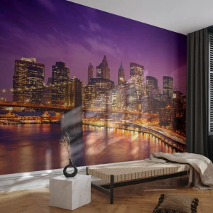 Papel de Parede Autocolante Deluxe Sticker - Manhathann roxa e dourada - Cidade, Nova Iorque, Arquitetura - 250x175 cm