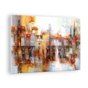 Quadro em vidro - Panorama colorido da cidade com uma ponte e reflexo na água - 70x50cm - Debaixo da ponte também é bonito - Decoração de parede moderna para a sala de estar e quarto ARTTOR