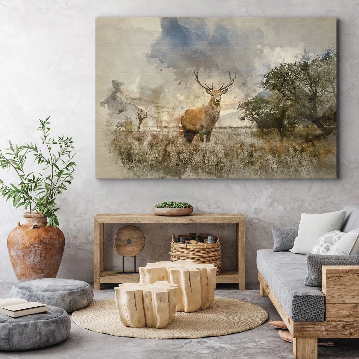 Quadro em tela - Um cervo em um ambiente natural em estilo aquarela - 70x50cm - Dignidade - força - dignidade - Decoração de parede moderna para a sala de estar e quarto ARTTOR