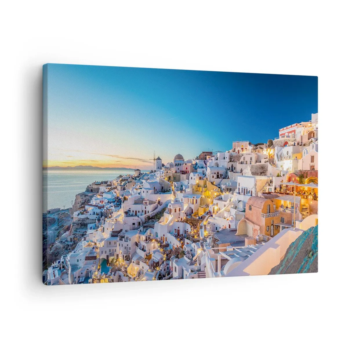 Quadro em tela - Vista de uma cidade grega ao pôr do sol - 70x50cm - A essência grega - Decoração de parede moderna para a sala de estar e quarto ARTTOR