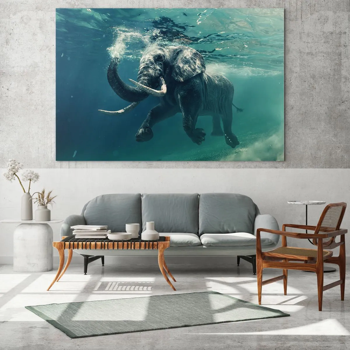 Quadro em vidro - Um elefante nadando debaixo d'água no oceano azul - 70x50cm - Todo mundo gosta de nadar - Decoração de parede moderna para a sala de estar e quarto ARTTOR