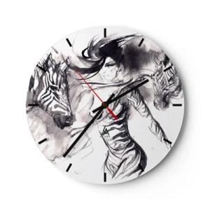 Relógio de parede - Relógio em vidro - Uma mulher em forma artística dançando com duas pessoas reunidas - 30x30cm - Dançando com as zebras - Decoração de parede moderna para a sala de estar, cozinha e quarto ARTTOR