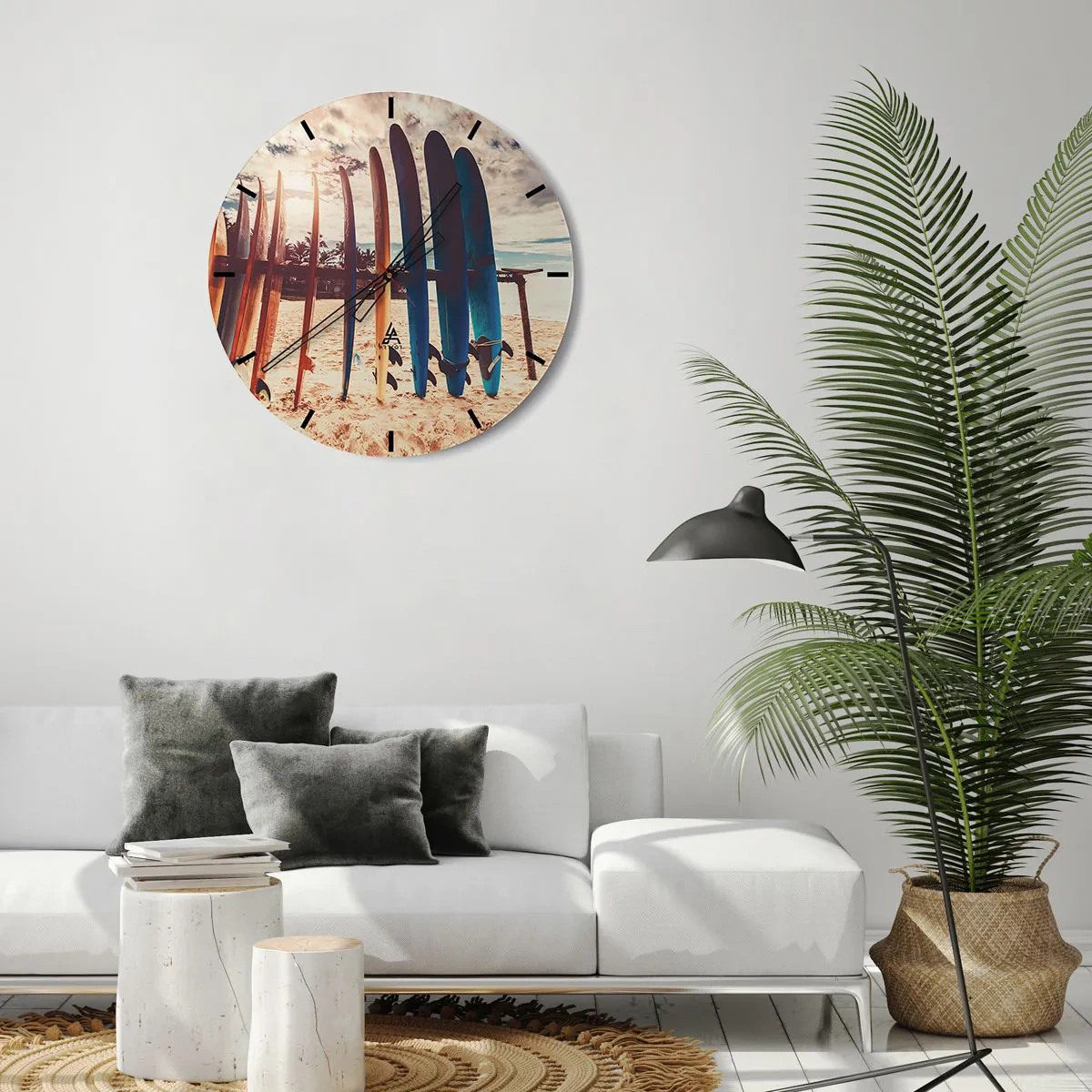 Relógio de parede - Relógio em vidro - Pranchas de surfe alinhadas na praia ao pôr do sol - 30x30cm - Boa noite, até amanhã - Decoração de parede moderna para a sala de estar, cozinha e quarto ARTTOR