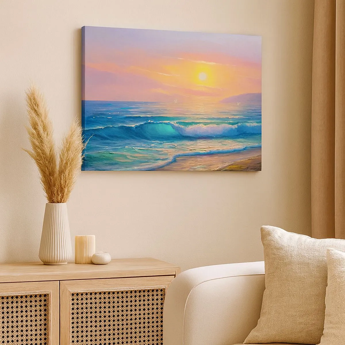 Quadro em tela - Paisagem marinha com pôr do sol - 70x50cm - O canto turquesa das ondas - Decoração de parede moderna para a sala de estar e quarto ARTTOR