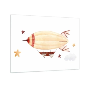 Quadro em vidro - Um dirigível de desenho animado entre as estrelas em um fundo branco - 70x50cm - Dirigível - Decoração de parede moderna para a sala de estar e quarto ARTTOR