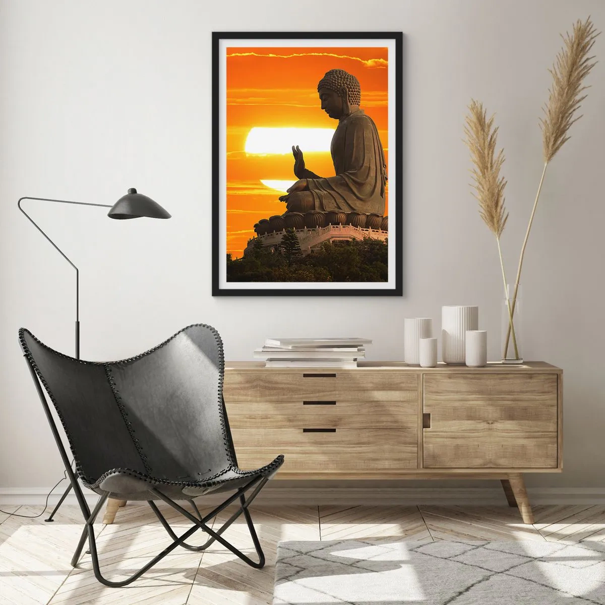 Pôster com moldura preta - Uma estátua de Buda contra um céu laranja - 50x70cm - Sem medo do mundo - Decoração de parede moderna para a sala de estar e quarto ARTTOR