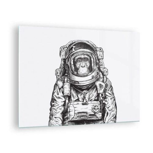 Quadro em vidro - Desenho de um macaco em traje de astronauta em um fundo branco - 70x50cm - Evolução alternativa - Decoração de parede moderna para a sala de estar e quarto ARTTOR