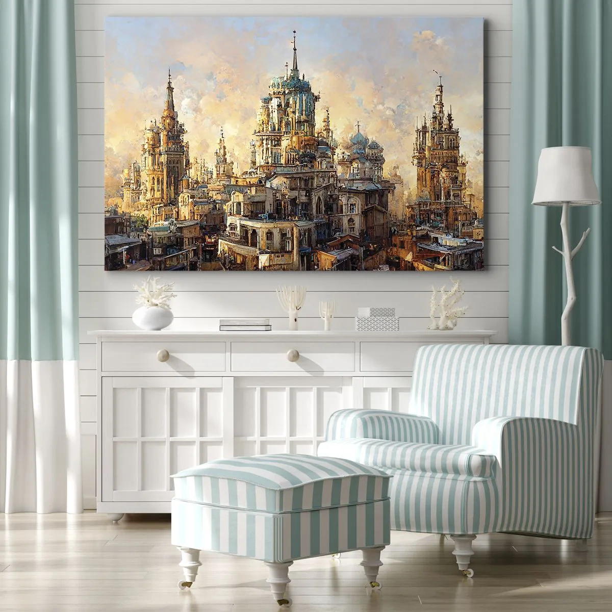 Quadro em tela - Torres arquitetônicas sob os raios do sol poente - 70x50cm - Cidade das cidades - Decoração de parede moderna para a sala de estar e quarto ARTTOR