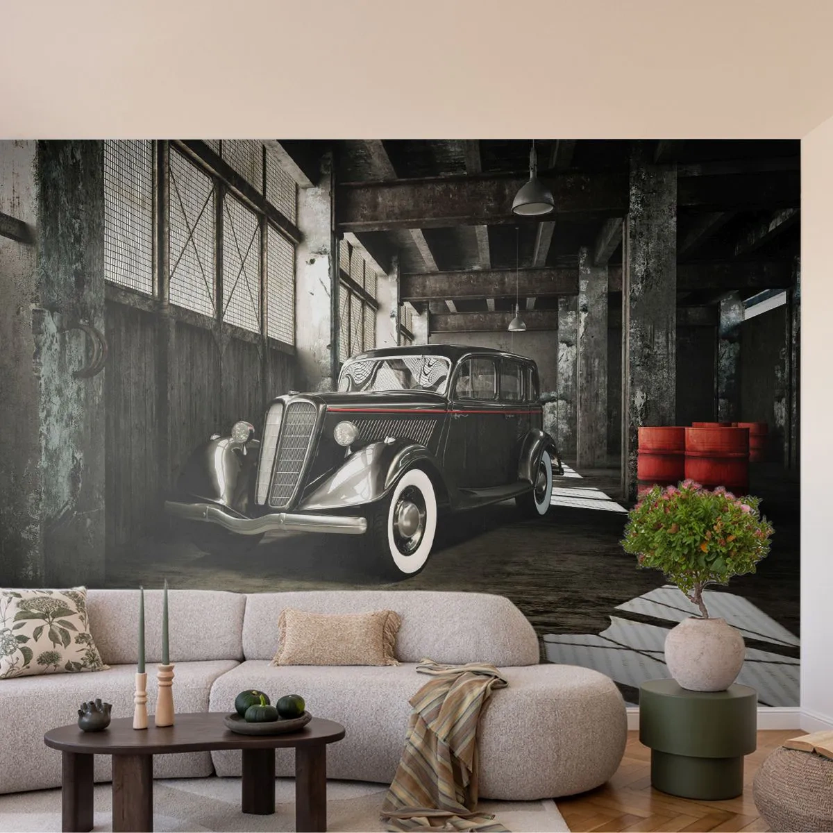 Papel de Parede Premium Sand - A elegância duradoura dos anos 30. - Automotivo, Carro retrô, Armazém de Fábrica - 100x70 cm
