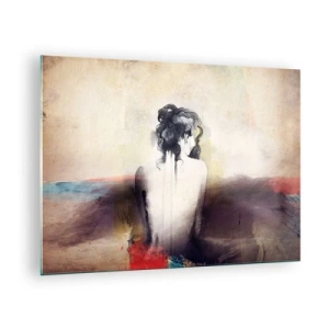 Quadro em vidro - Um retrato sutil de uma mulher contra um fundo de paisagem em tons pastel. - 70x50cm - Linhas suaves, formas ovais - Decoração de parede moderna para a sala de estar e quarto ARTTOR