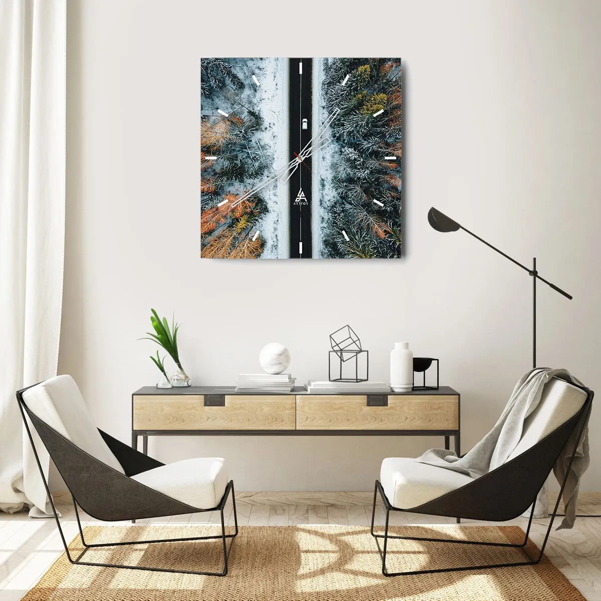 Relógio de parede - Relógio em vidro - Cortar a floresta no inverno - 40x40 cm
