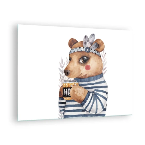 Quadro em vidro - Um ursinho de pelúcia listrado com uma xícara de mel e penas - 70x50cm - Doce ursa - Decoração de parede moderna para a sala de estar e quarto ARTTOR