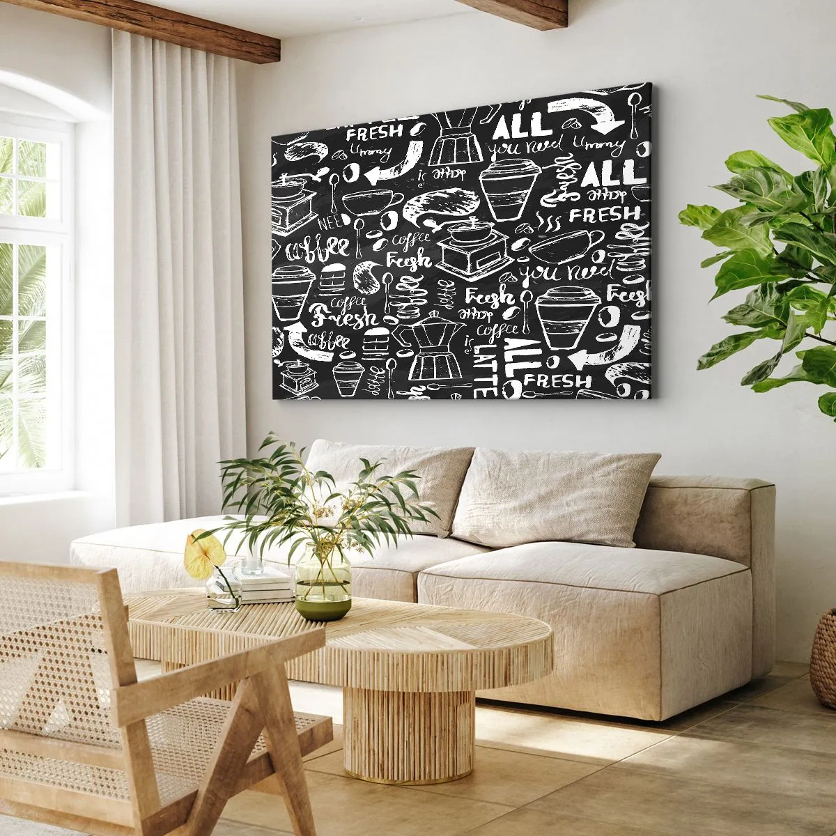 Quadro em tela - Gráficos elegantes de café em um fundo preto - 70x50cm - Tudo o que precisa é... - Decoração de parede moderna para a sala de estar e quarto ARTTOR