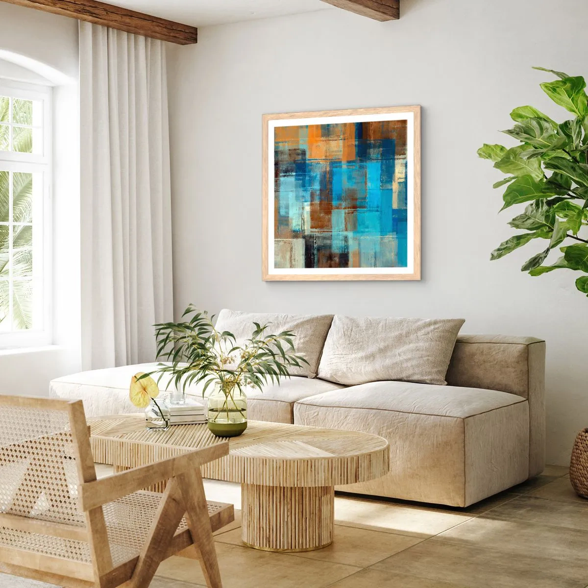 Pôster com moldura de carvalho claro - Através da cortina azul - 50x50 cm