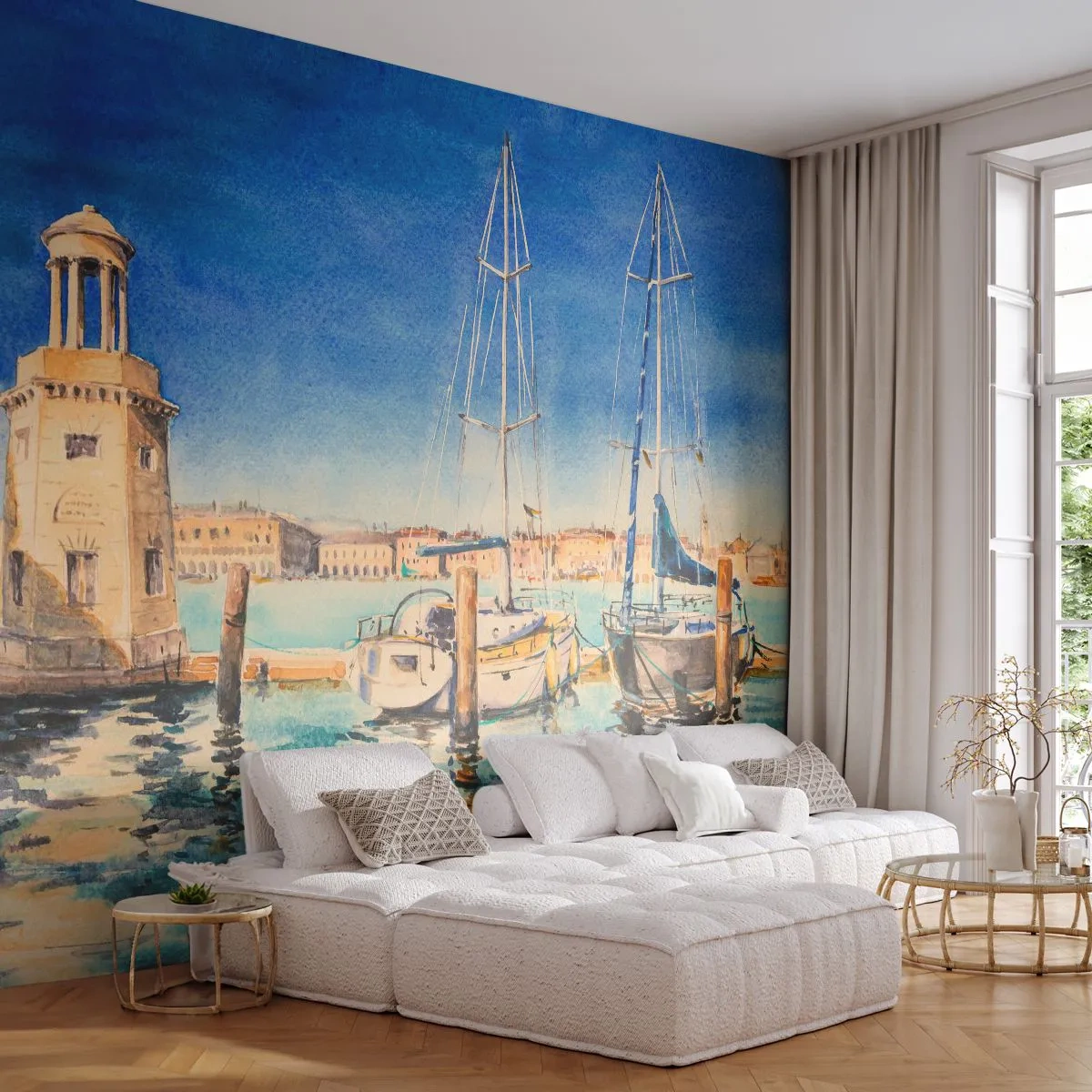 Papel de Parede Autocolante Deluxe Sticker - Lagoa ensolarada - Porto, Paisagem, Farol - 250x175 cm