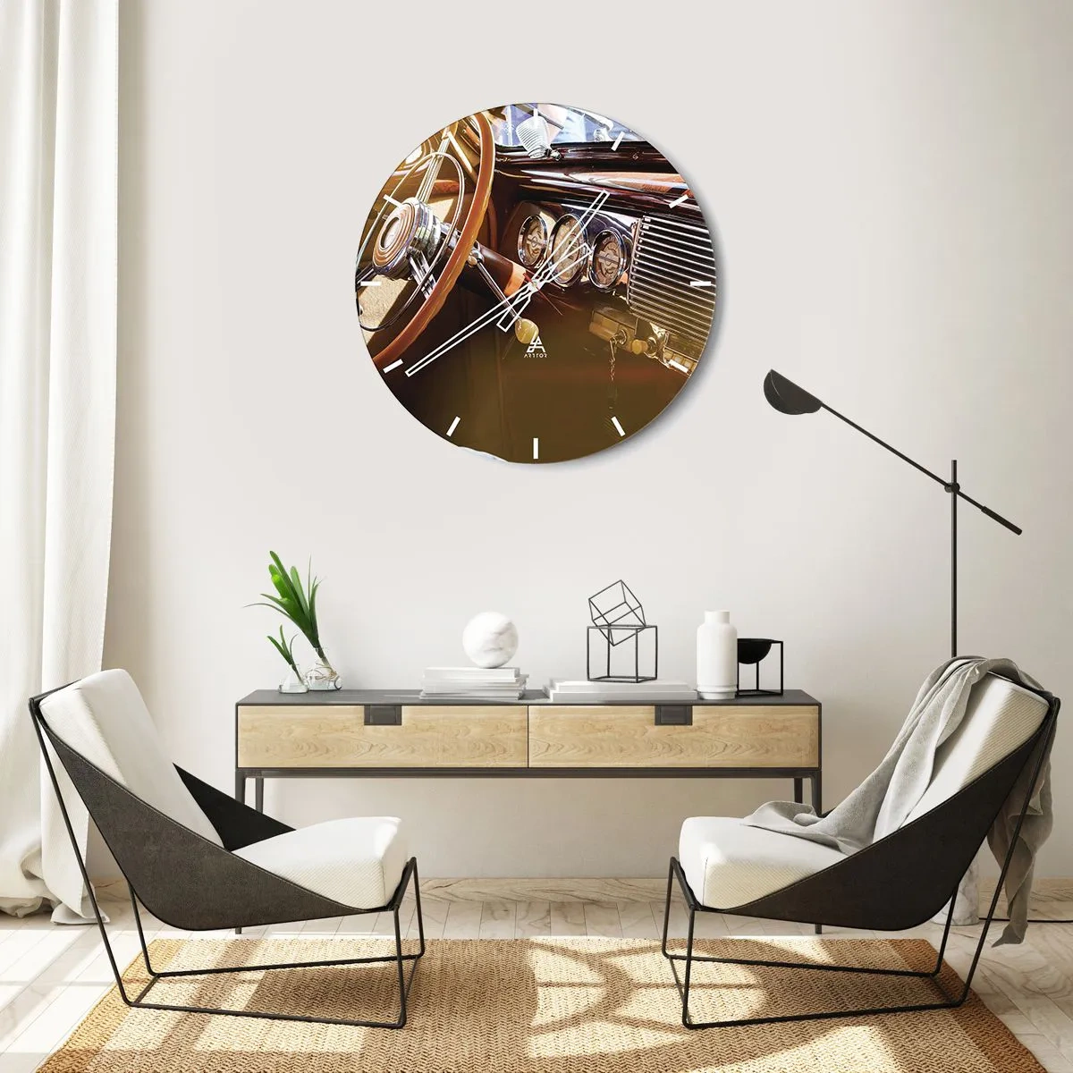 Relógio de parede - Relógio em vidro - Interior de carro clássico com acabamento em madeira - 30x30cm - Um sopro de luxo do passado - Decoração de parede moderna para a sala de estar, cozinha e quarto ARTTOR