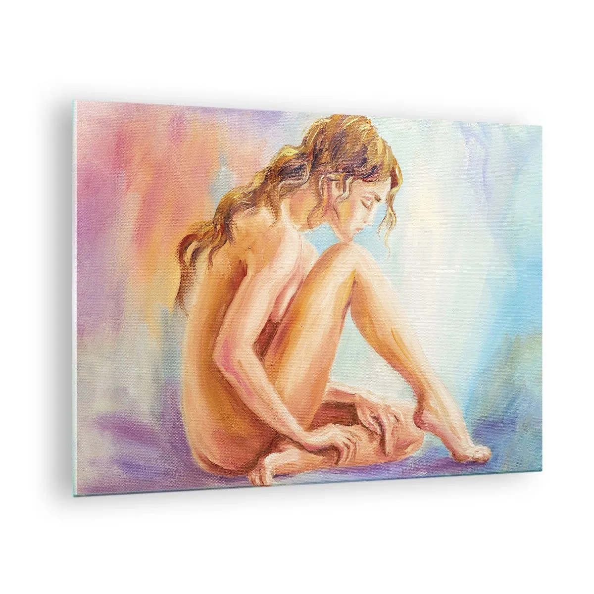 Quadro em vidro - Uma mulher em reflexo sutil contra um fundo de cores pastéis - 70x50cm - Ato de juventude - Decoração de parede moderna para a sala de estar e quarto ARTTOR