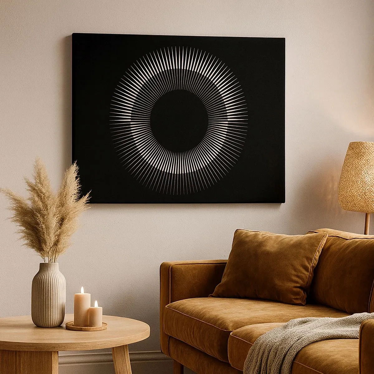 Quadro em tela - Círculo gráfico com raios em preto e branco - 70x50cm - Sol preto - Decoração de parede moderna para a sala de estar e quarto ARTTOR