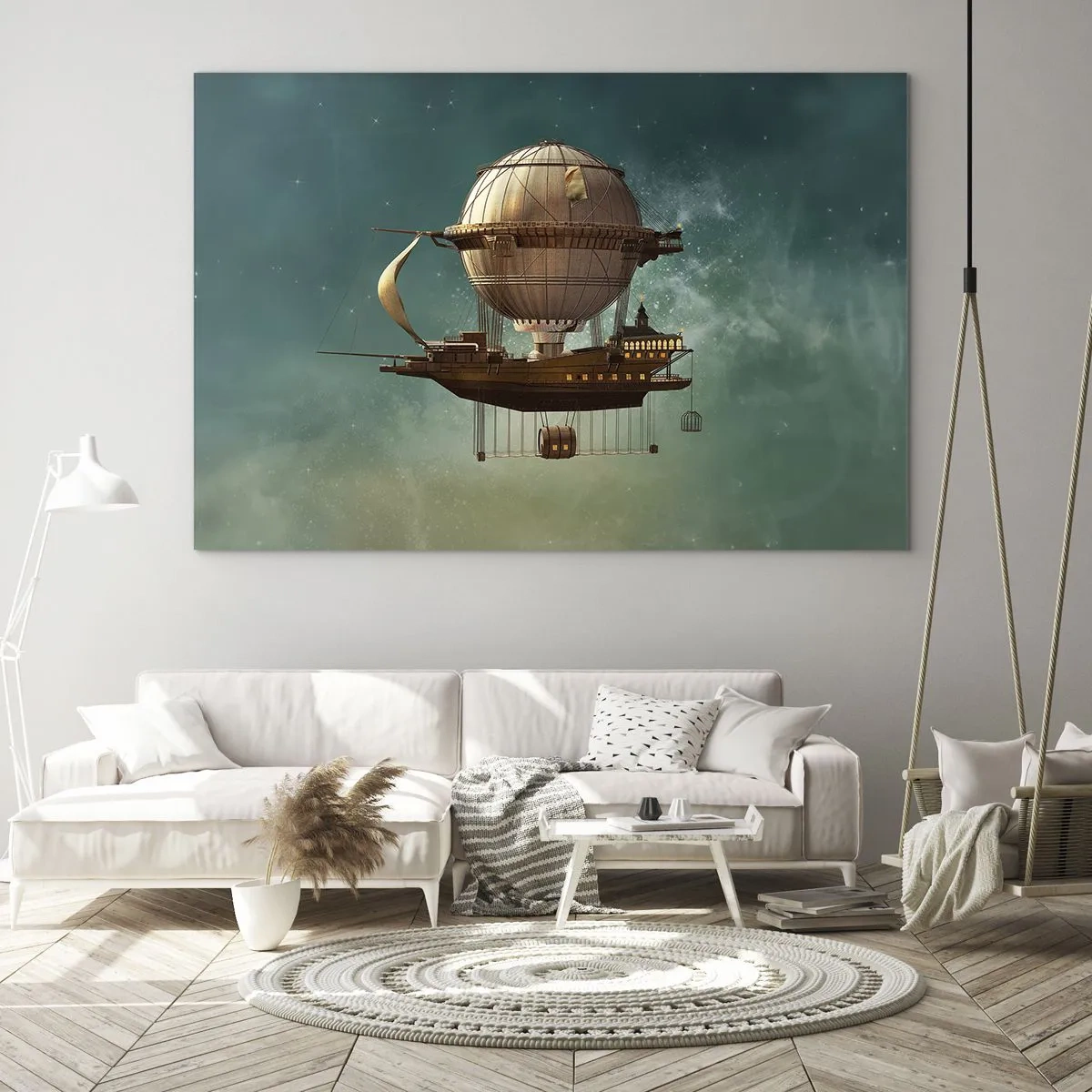 Quadro em vidro - Um dirigível voador com uma casa de estilo retrô no céu - 70x50cm - Saudações de Júlio Verne - Decoração de parede moderna para a sala de estar e quarto ARTTOR