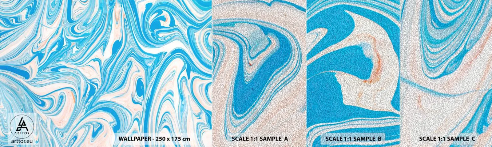 Amostra de papel de parede Premium Sand - Derramado em turquesa - Abstração, Pedaço, Padrão Moderno - 100x30 cm