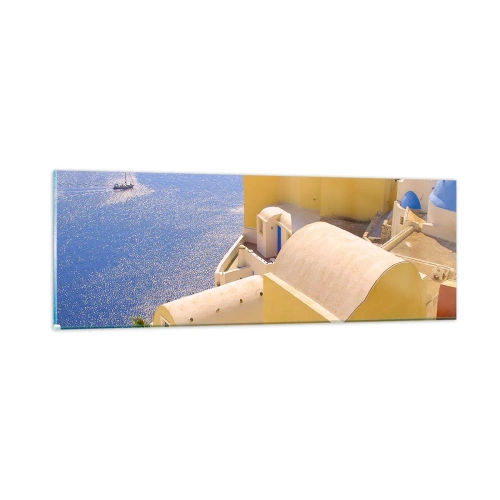 Quadro em vidro - Paisagem grega em branco e azul - 90x30 cm