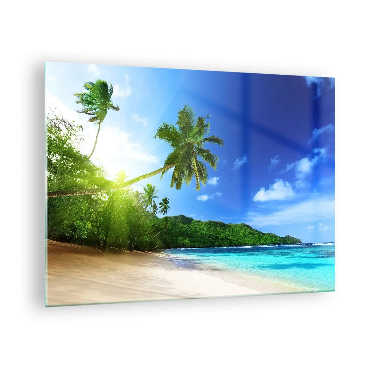 Quadro em vidro - Praia tropical com palmeiras e águas cristalinas - 70x50cm - Toque suave dos trópicos - Decoração de parede moderna para a sala de estar e quarto ARTTOR