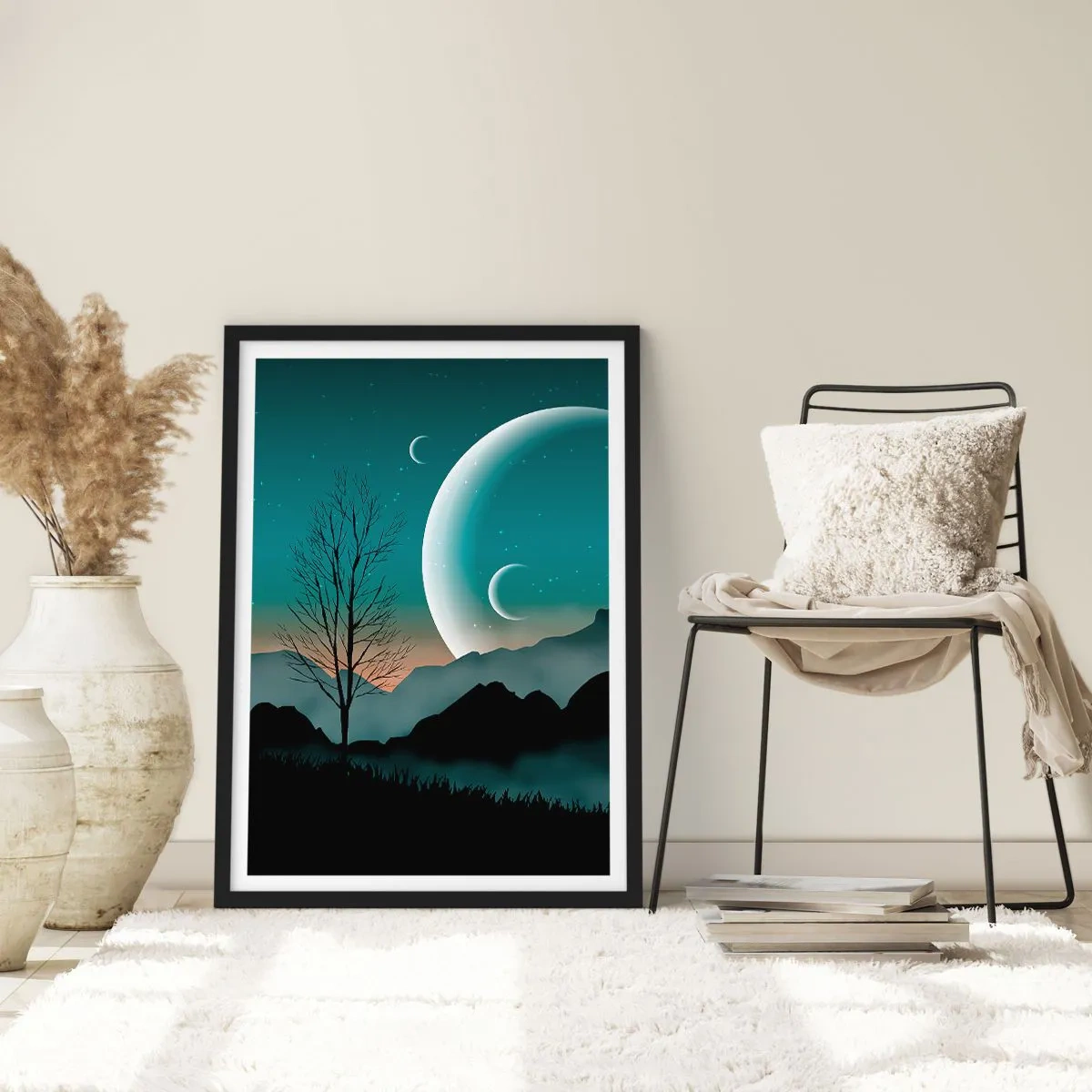 Pôster com moldura preta - Paisagem artística com a lua tendo como pano de fundo montanhas e árvores - 50x70cm - Carnaval de uma noite estrelada - Decoração de parede moderna para a sala de estar e quarto ARTTOR