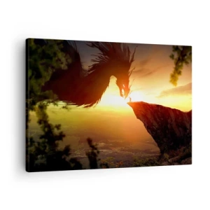 Quadro em tela - Um dragão e um homem em uma rocha sob o brilho do sol poente - 70x50cm - O matador de dragões - Decoração de parede moderna para a sala de estar e quarto ARTTOR