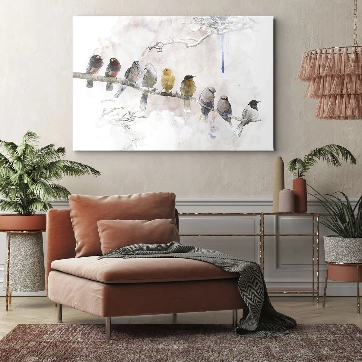 Quadro em tela - Pássaros coloridos em um galho em estilo aquarela - 70x50cm - Reunião alada - Decoração de parede moderna para a sala de estar e quarto ARTTOR
