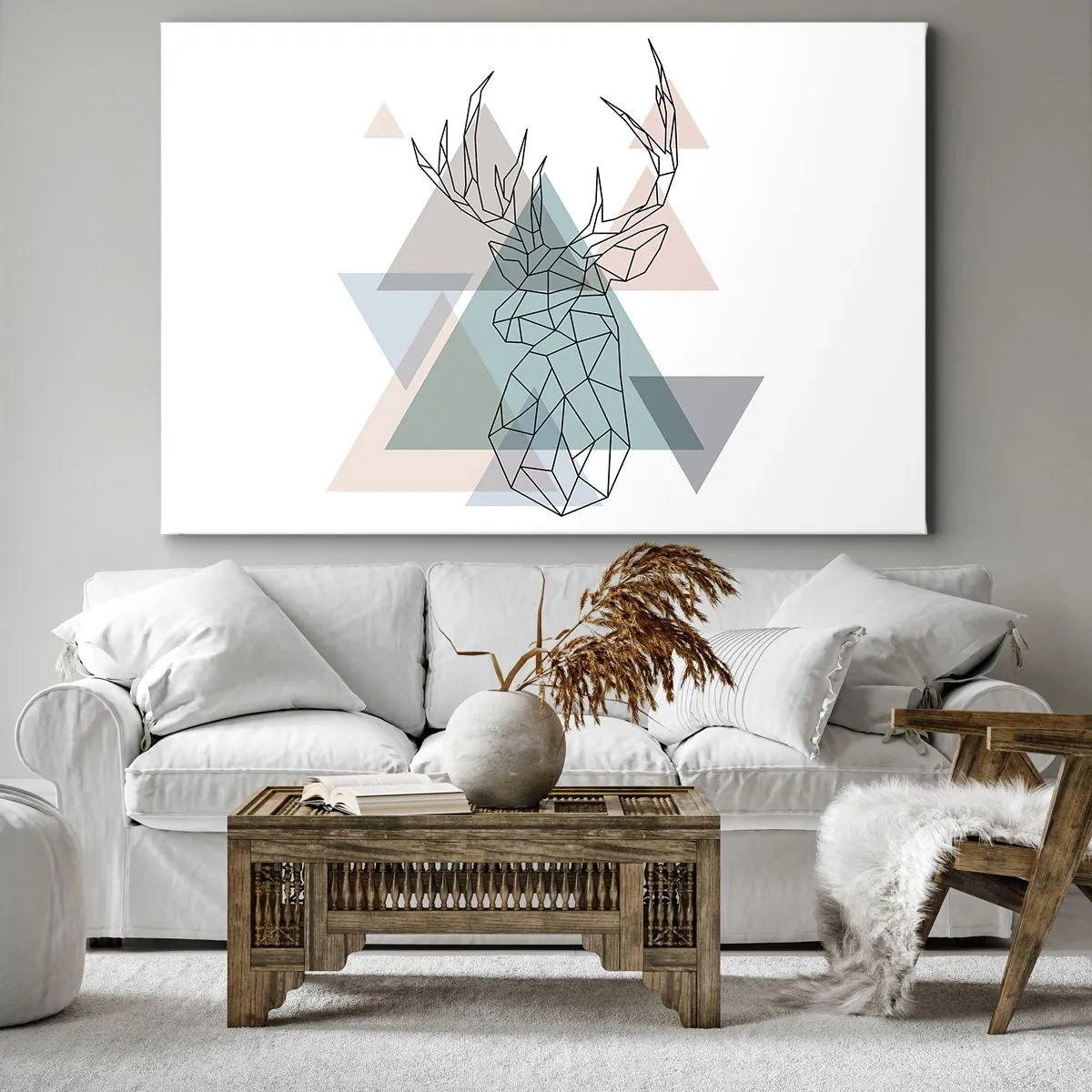 Quadro em tela - Veado geométrico em um fundo de triângulos pastéis - 70x50cm - Numa floresta geométrica - Decoração de parede moderna para a sala de estar e quarto ARTTOR