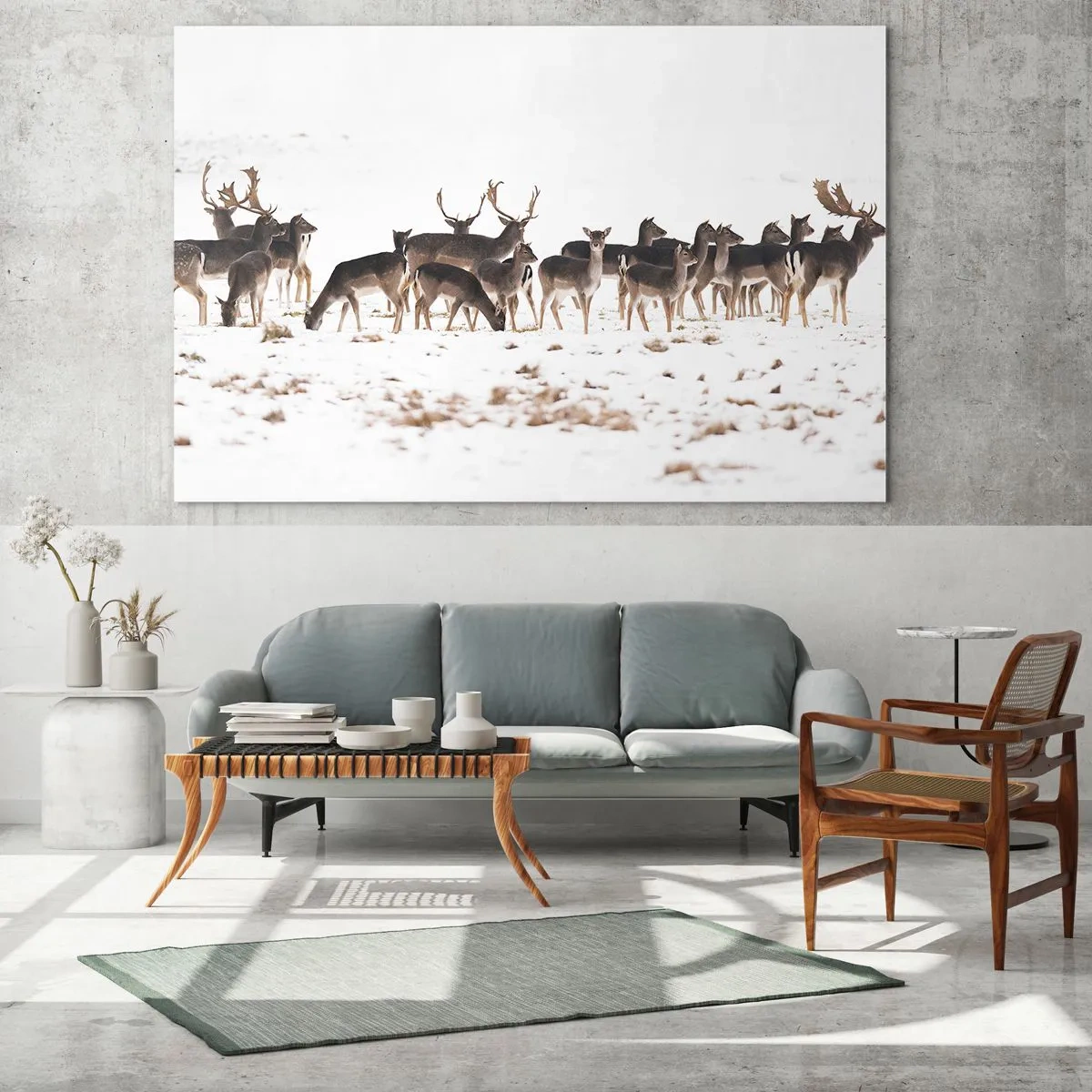 Quadro em vidro - Uma fotografia de uma manada de veados em uma paisagem nevada - 70x50cm - O Natal se aproxima? - Decoração de parede moderna para a sala de estar e quarto ARTTOR