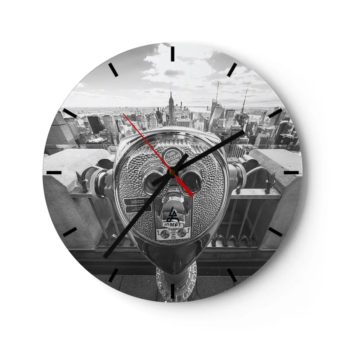 Relógio de parede - Relógio em vidro - Binóculos turísticos apontados para o horizonte de Nova York - 30x30cm - A cidade das cidades - Decoração de parede moderna para a sala de estar, cozinha e quarto ARTTOR