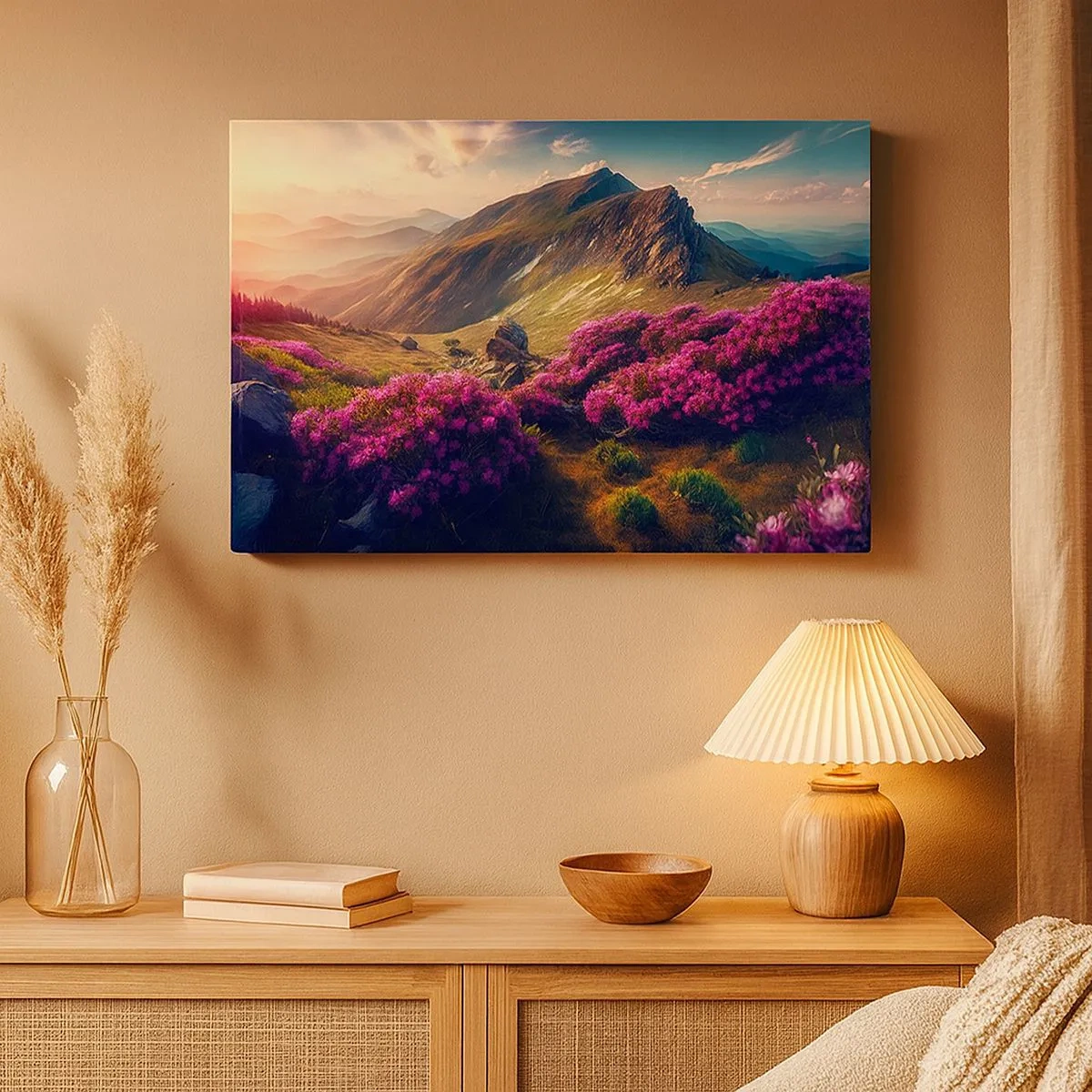 Quadro em tela - Paisagem montanhosa com rododendros em flor - 70x50cm - Verão nas montanhas - Decoração de parede moderna para a sala de estar e quarto ARTTOR